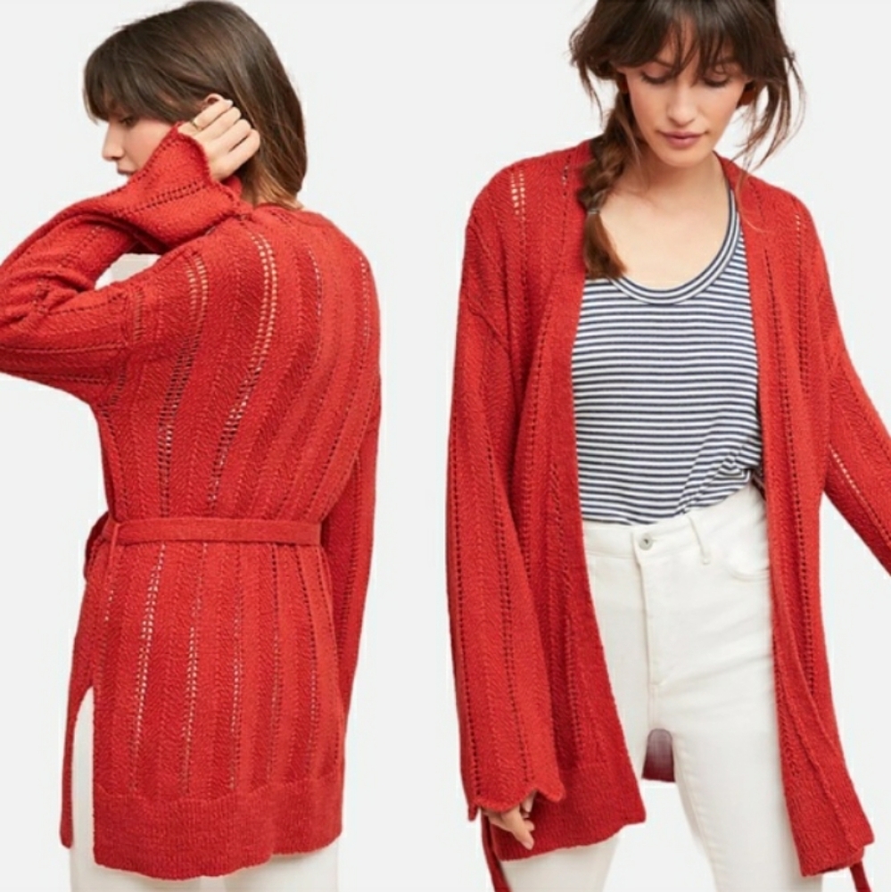 Anthropologie Meadows Rue Medium Orange Red Priscilla Pointelle Scallop Sleeve